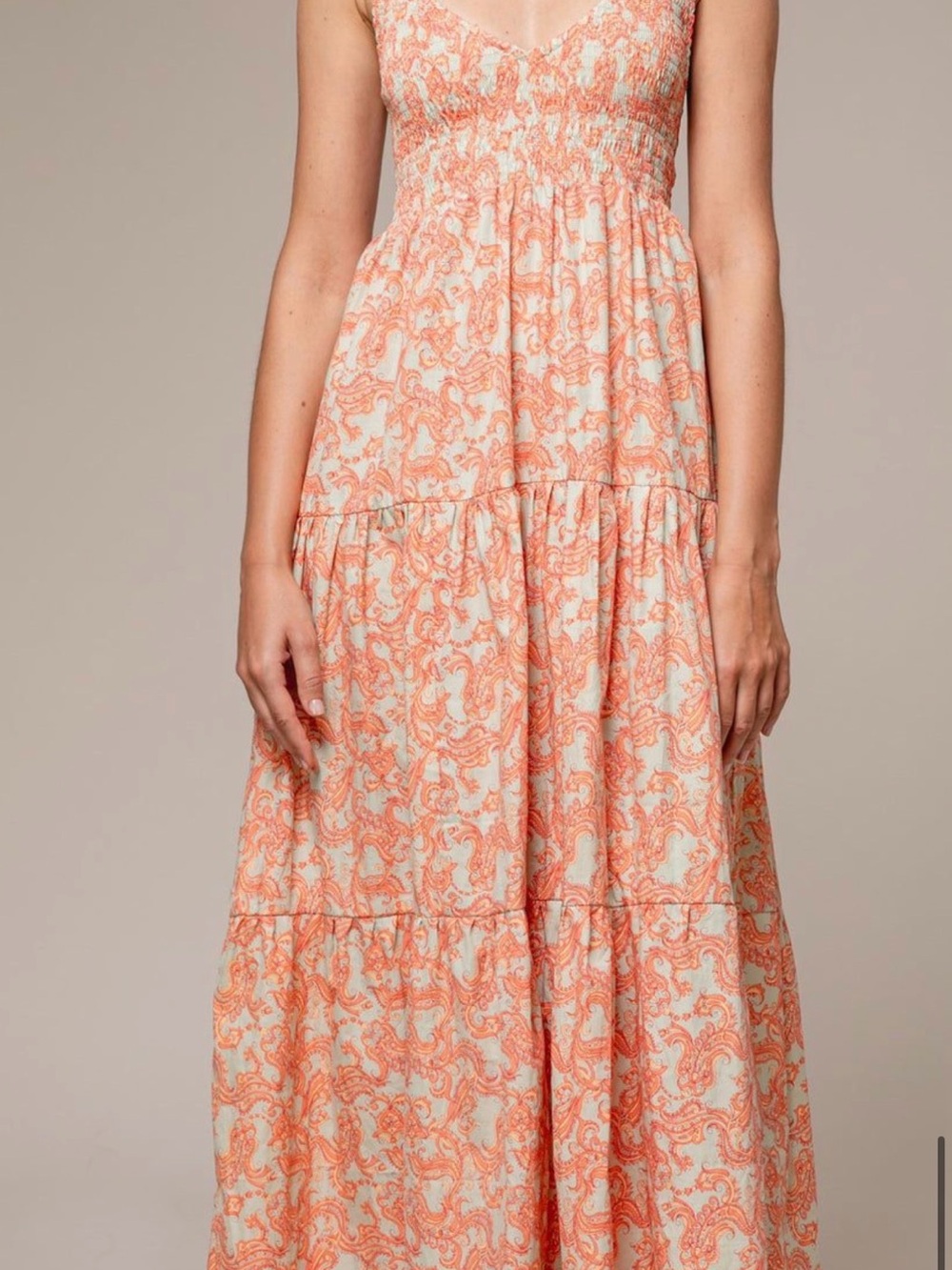 Lusana Thea Smocked Coral Print Maxi Dress Like New!